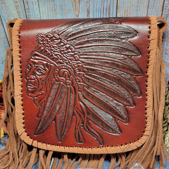 Native American Chief Head Crossbody Fringed Purse Genuine Leather Embossed Brow - Picture 2 of 16